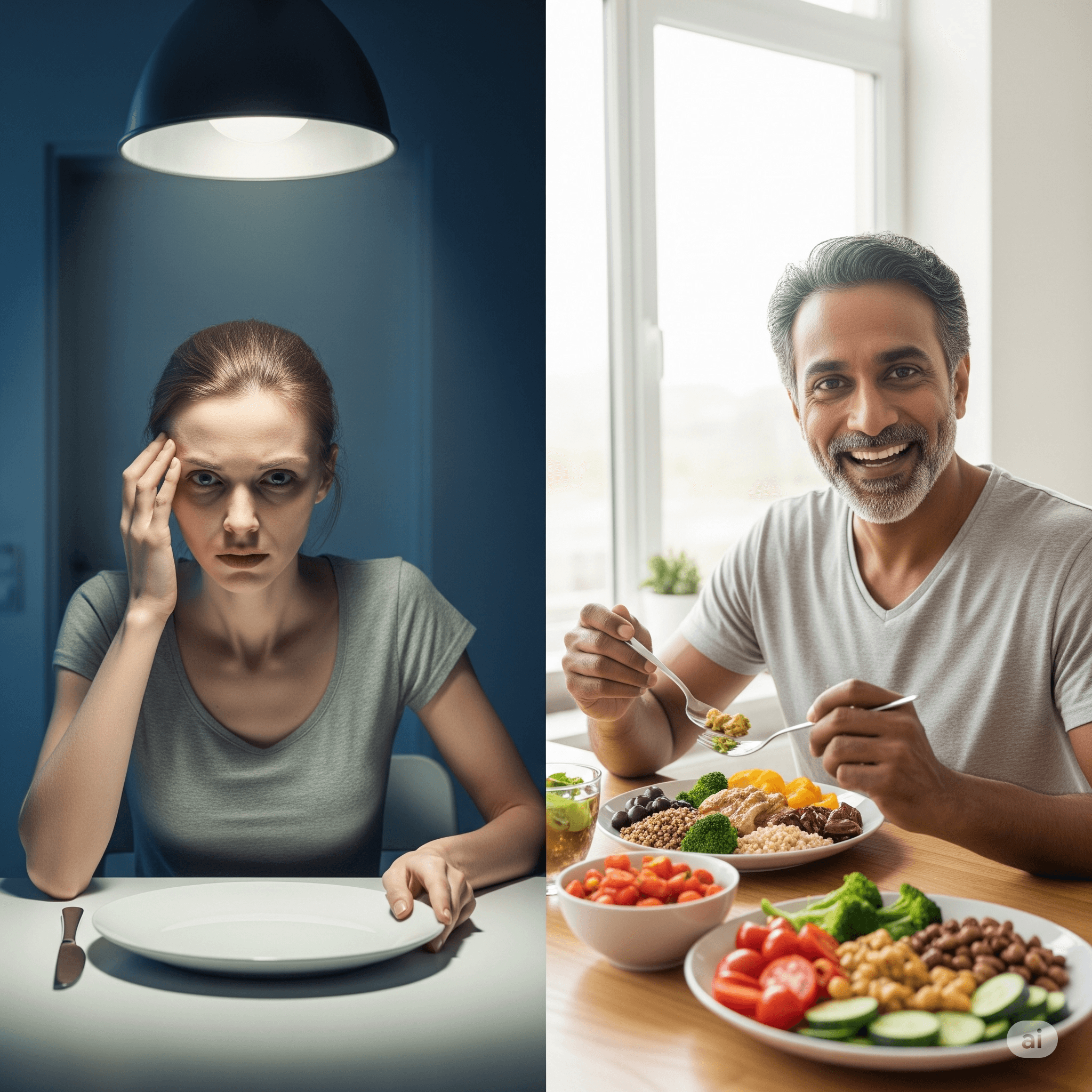 mujer con un plato vacio y triste vs un hombre felix con platos saludables