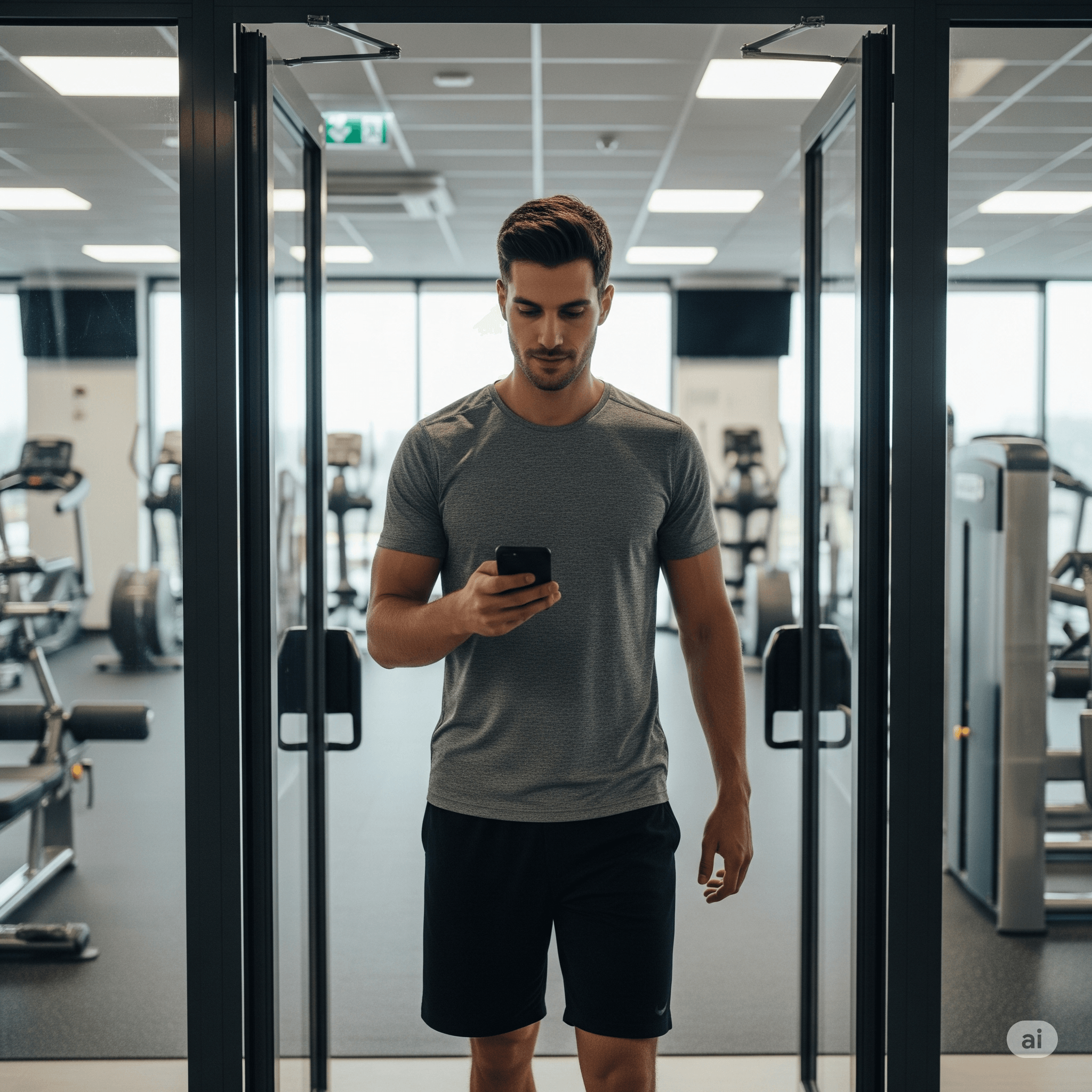 Hombre consultando una rutina de entrenamiento en el gimnasio
