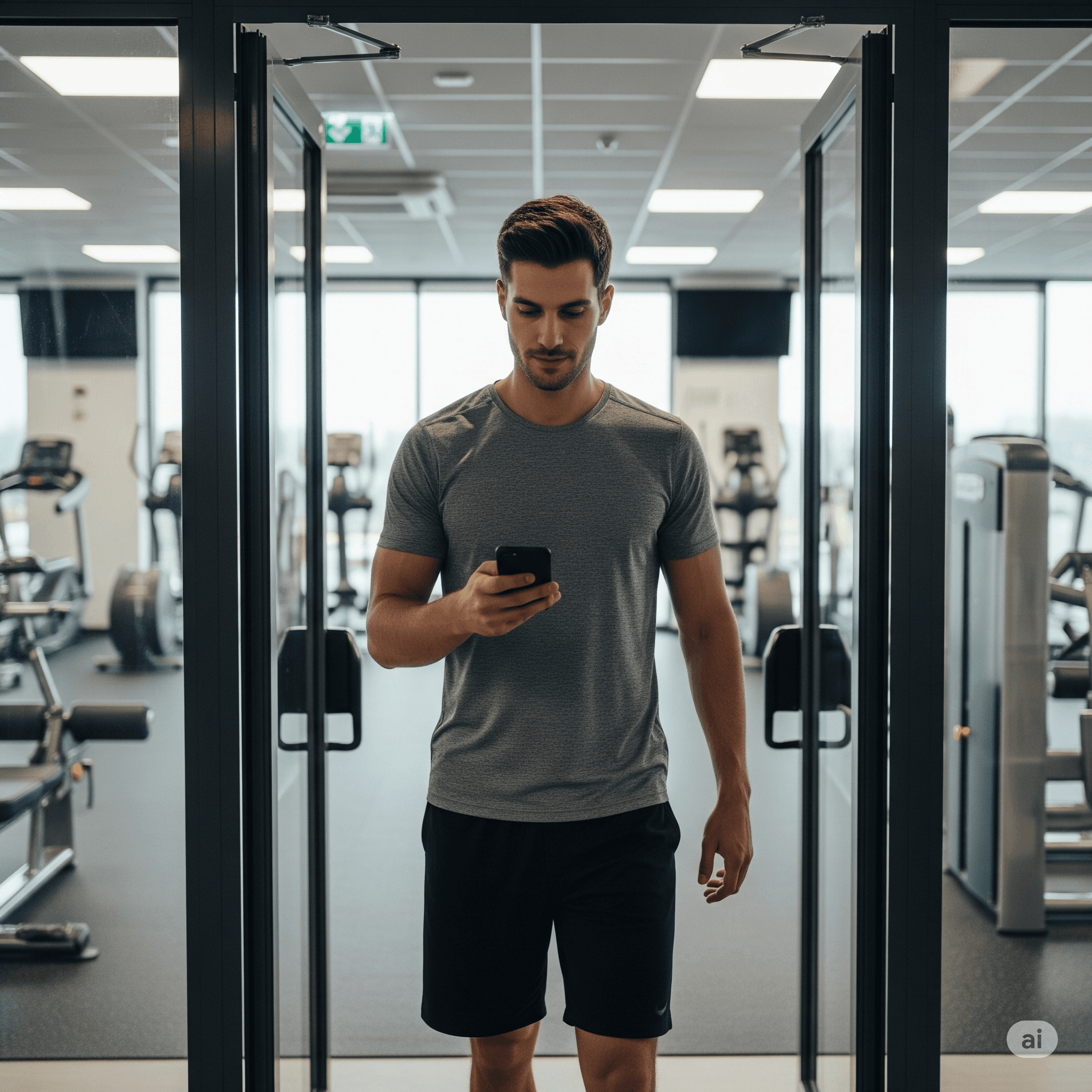 Hombre consultando una rutina de entrenamiento en el gimnasio