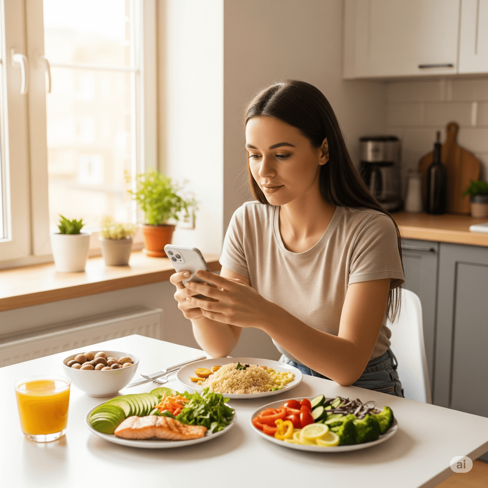 Imagen de una mujer comiendo platos saludables