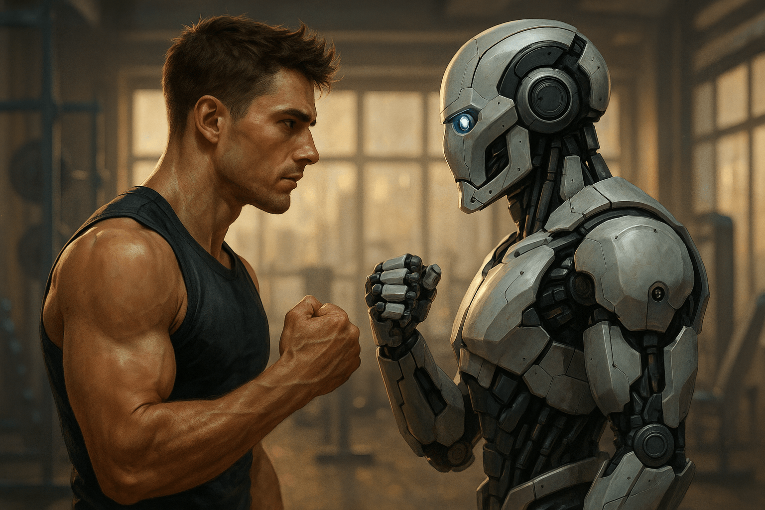 imagen de un humano y un robot mirándose de forma desafiante