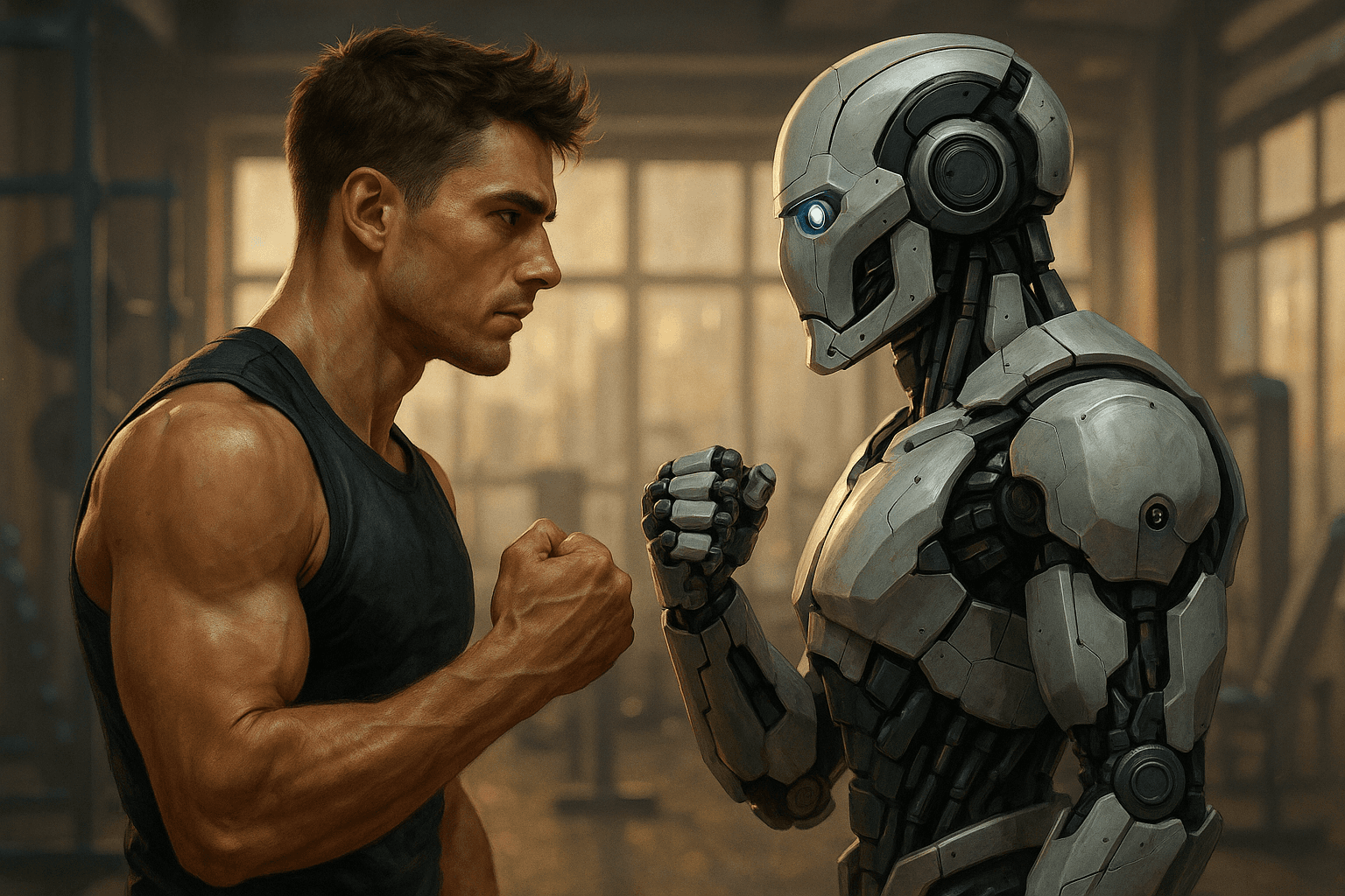 imagen de un humano y un robot mirándose de forma desafiante