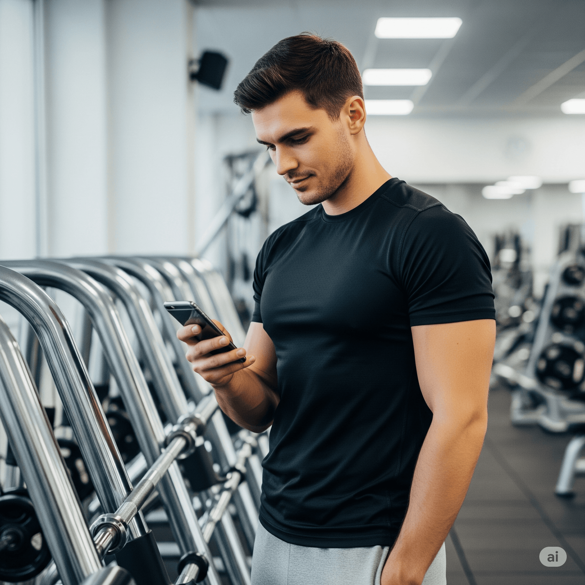 hombre usando el movil en el gimnasio