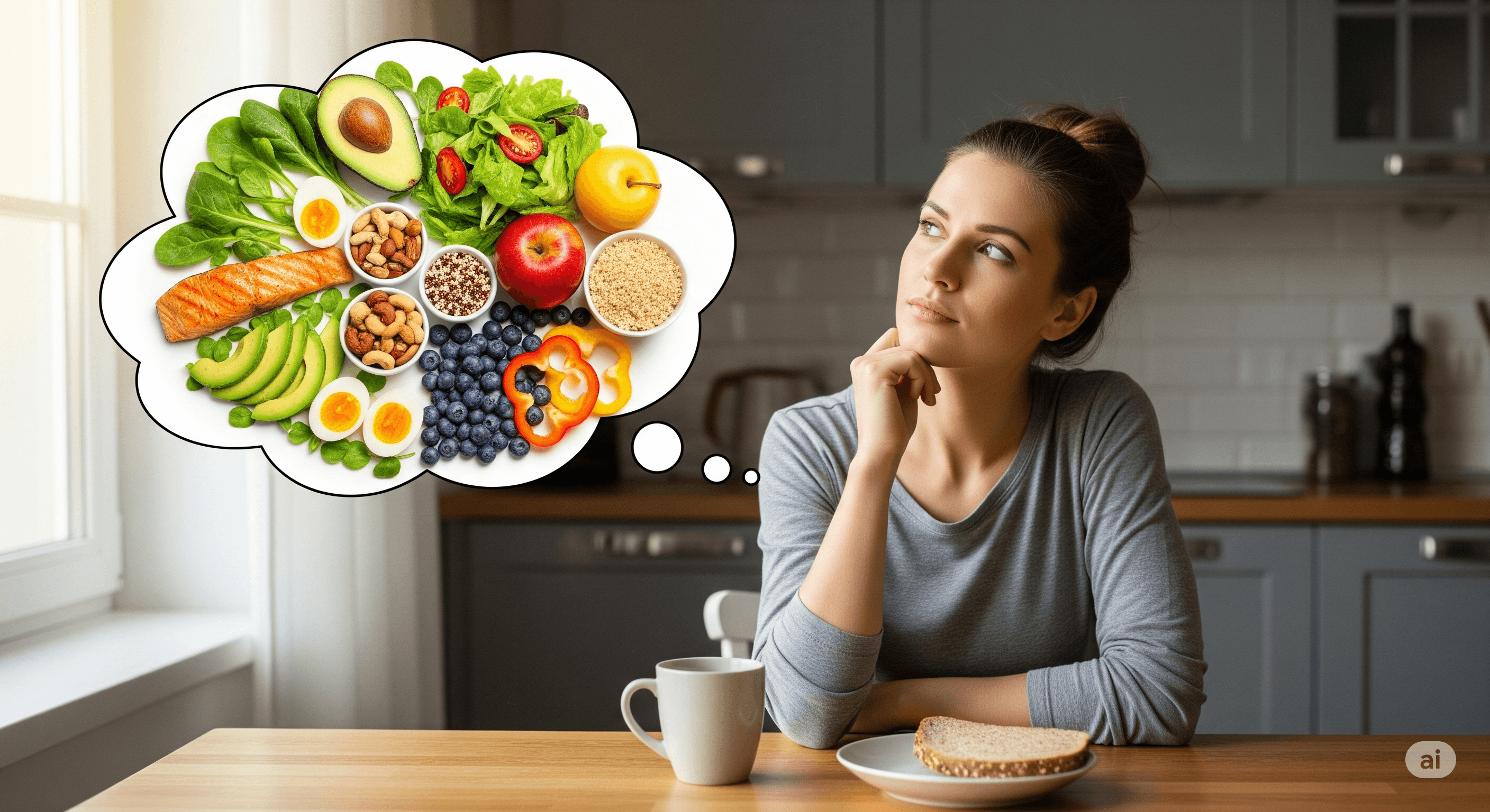 mujer pensando en una dieta equilibrada