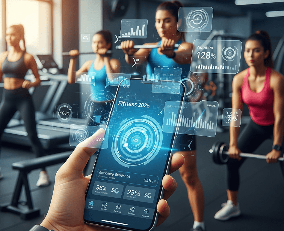 imagen aplicacion con metricas fitness y mujeres entrenando con barras en el fondo