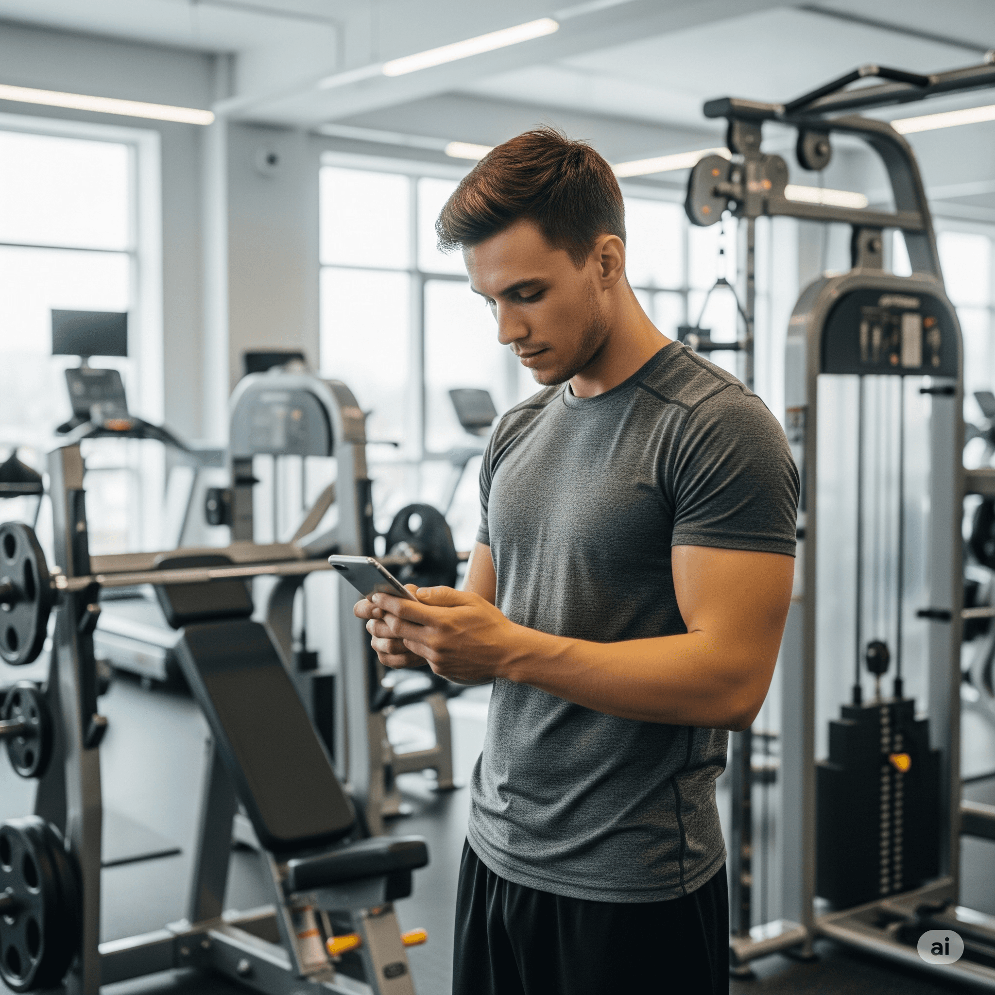 Hombre creando rutina de gimnasio en el gym